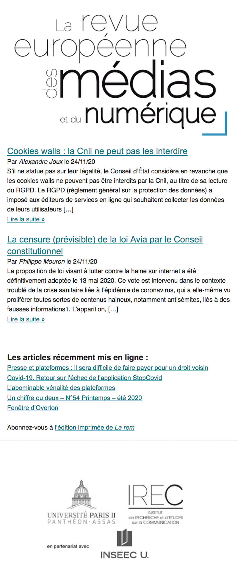 Newsletter La revue européenne des médias et du numérique