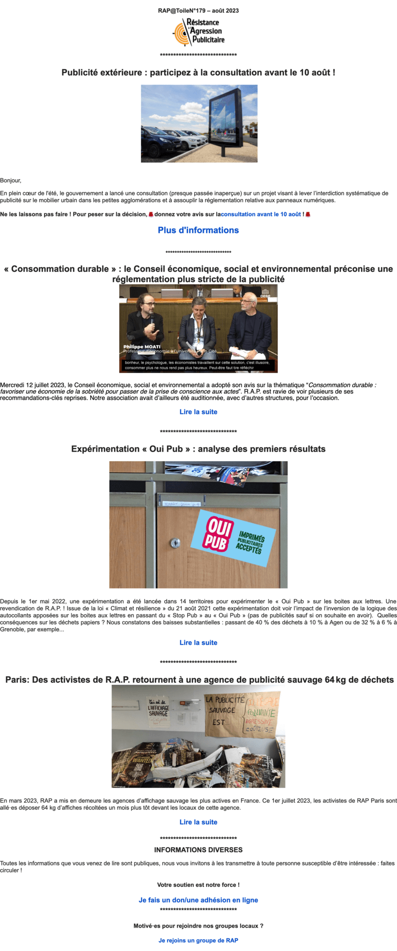 Newsletter Résistance à l'Agression Publicitaire