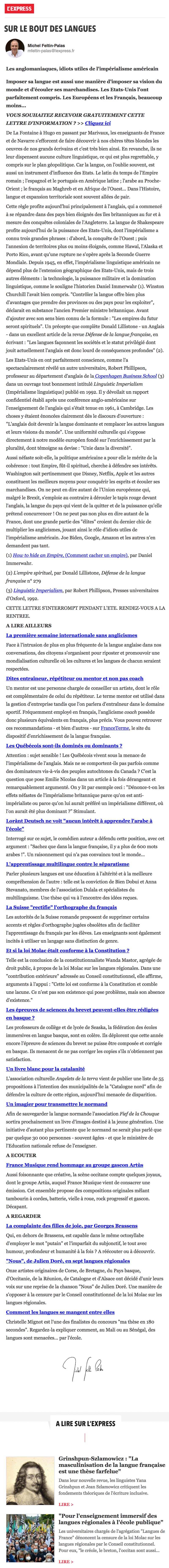 Newsletter L'Express, Sur le bout des langues