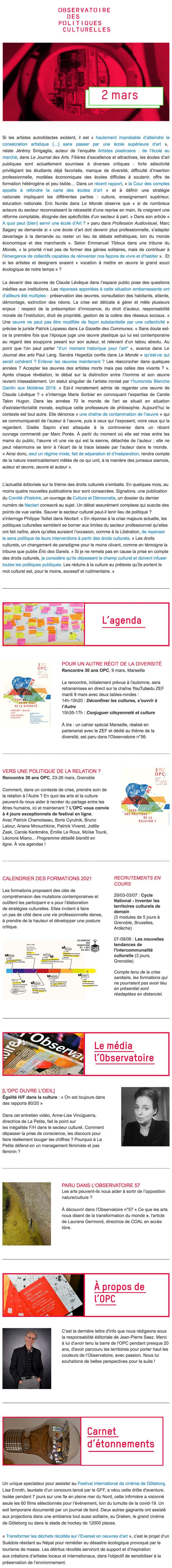 Newsletter Observatoire des politiques culturelles
