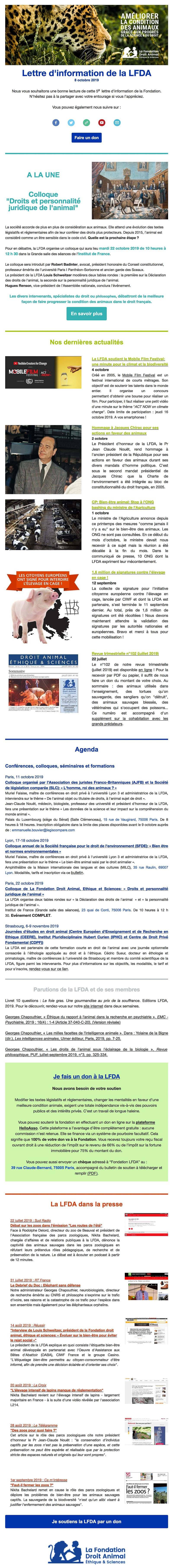 Newsletter Fondation Droit Animal, Éthique et Sciences