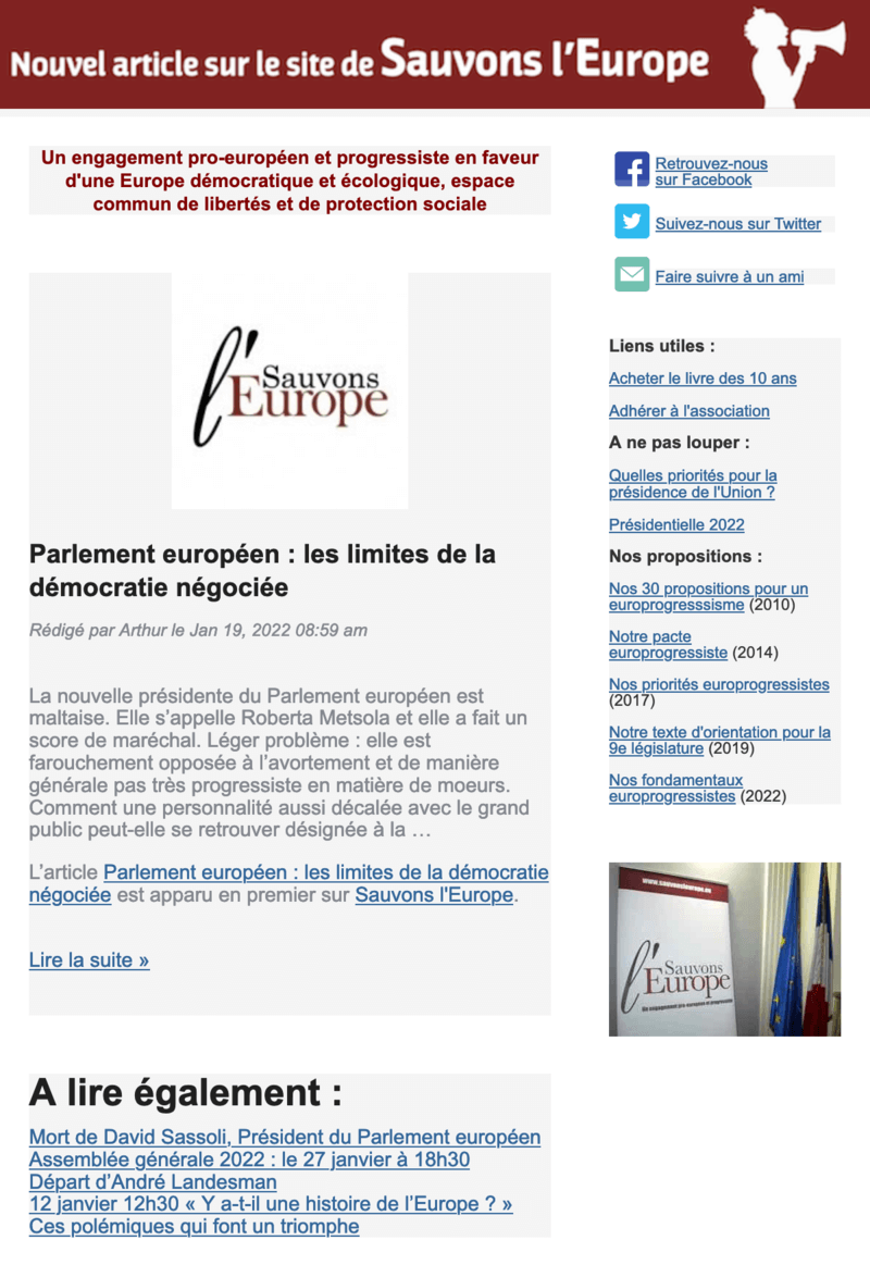 Newsletter Sauvons l'Europe