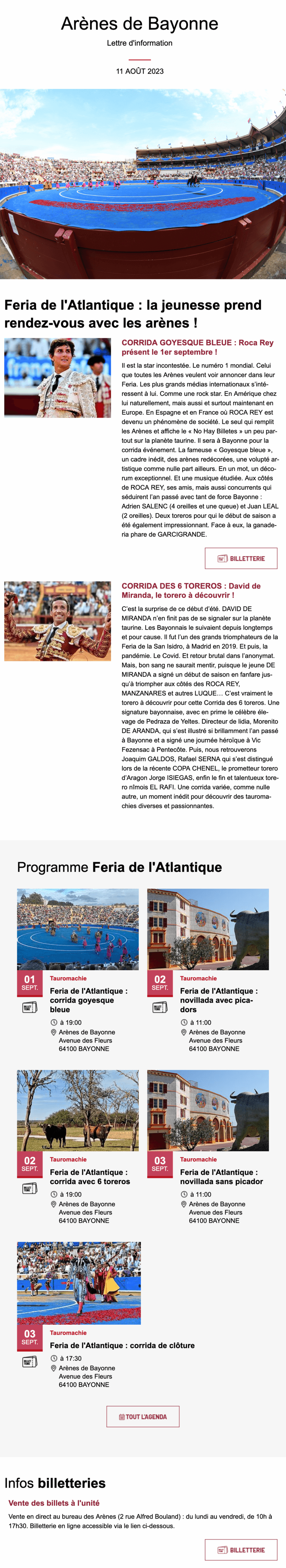 Newsletter Arènes de Bayonne