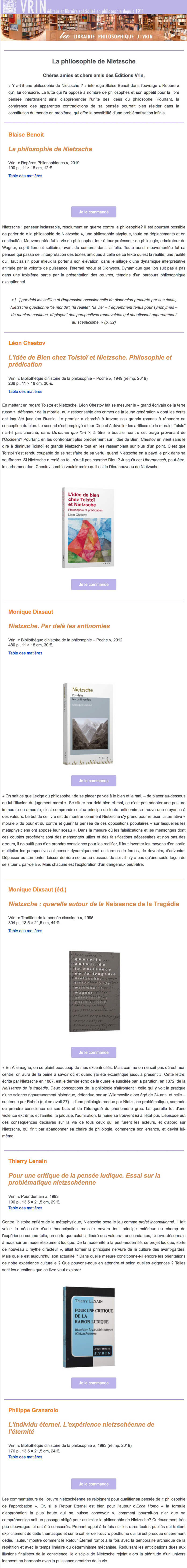 Newsletter Les éditions Vrin